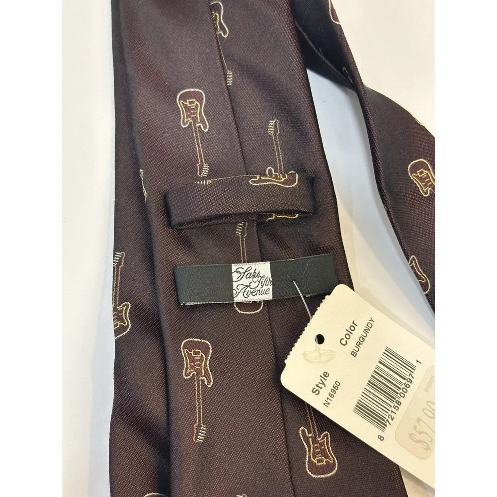 Saks Fifth Avenue Mens Silk Tie Burgundy Red Electric Guitar NWT